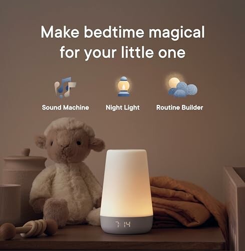 Bedside table with night light, toy sheep, and bedtime routine features.