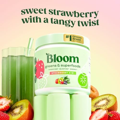 Bloom Greens and Superfoods Powder with smoothie and fruits