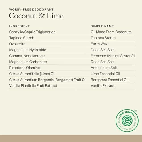 Ingredients list for Each & Every Coconut & Lime deodorant