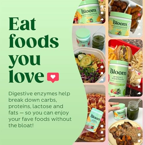 Collage of foods and Bloom supplement promoting digestive enzymes