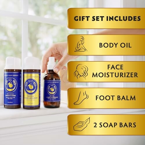 Gift set includes body oil, face moisturizer, foot balm, and 2 soap bars.