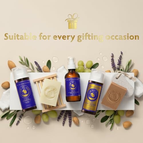 Natural skincare gift set with bottles, soap, and almonds.