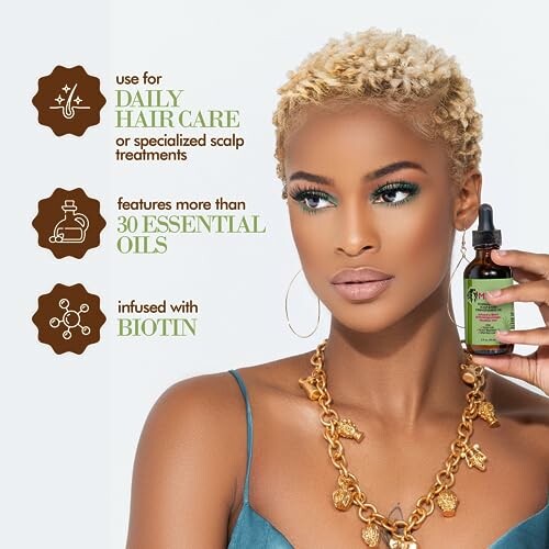 Woman holding hair care product, promoting daily use, essential oils, and biotin infusion.