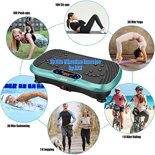 Vibration exercise board surrounded by images of various exercises.