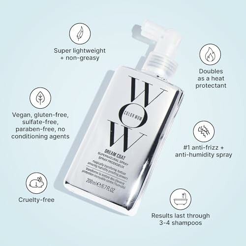 WOW Dream Coat spray bottle with benefits highlighted: lightweight, heat protectant, anti-frizz, vegan, cruelty-free.